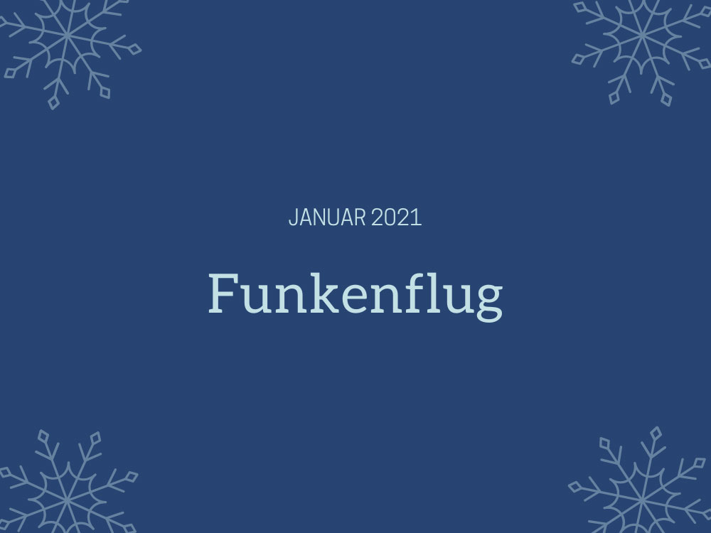 Symbolbild für Monatsrückblick Januar 2021: Dunkelblauer Hintergrund, Eissterne in den Ecken, Schriftzug Januar 2021. Funkenflug.