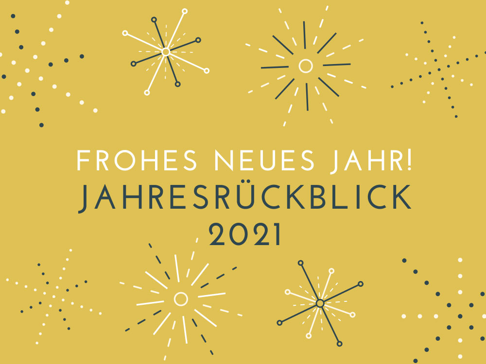 Goldgelber Hintergrund mit stilisierten Feuerwerk, den Wunsch "Frohes neues Jahr!" und "Jahresrückblick 2021".